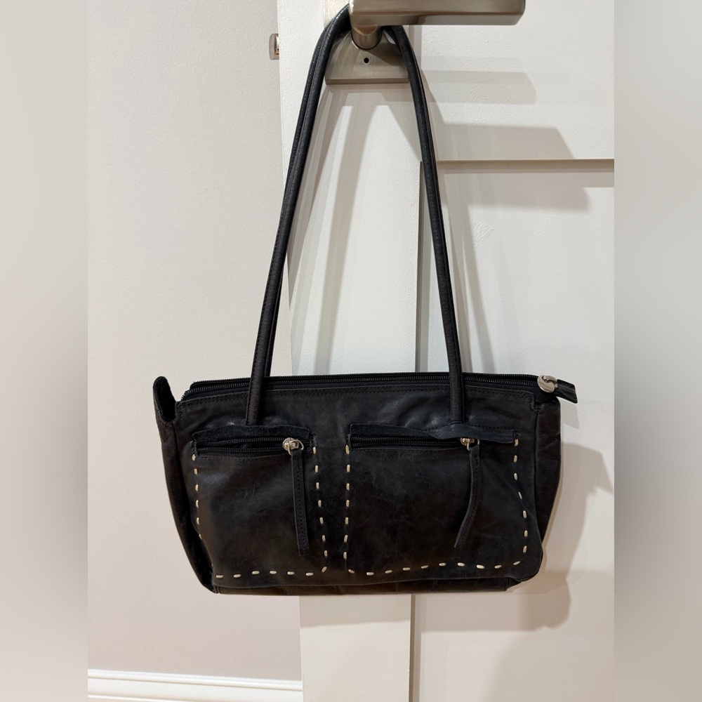 MICHAEL ROME By Besozzi Black Genuine Leather Two-Handled Handbag WHT Stitching